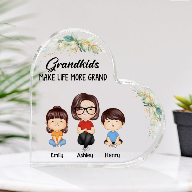 Grandkids Make Life More Grand Watercolor Grandma Personalized Acrylic Heart Plaque
