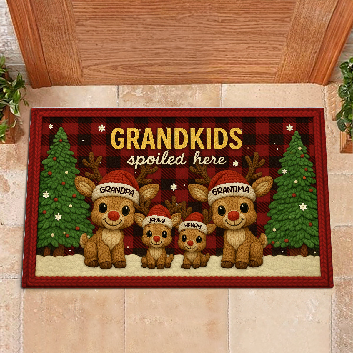 Grandma Grandpa Reindeers Crochet Faux Yarn Texture - Personalized Doormat - Christmas Decoration