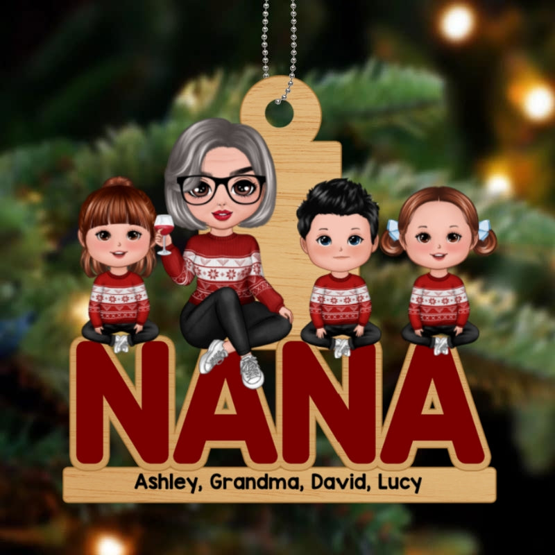 Grandma & Grandkids Sitting Christmas Personalized Wooden Ornament