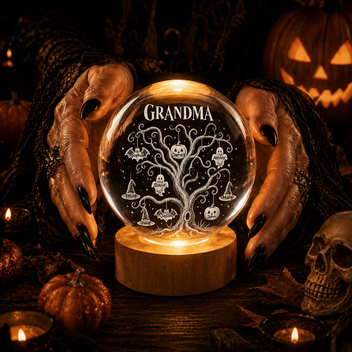 Halloween Tree With Kids Names - Personalized Crystal Ball Night Light - Halloween Gift For Grandma