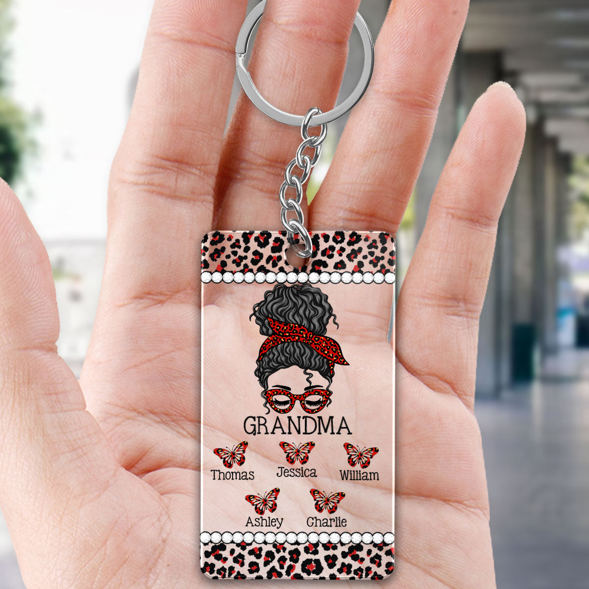Messy Bun Grandma Mom Different Pattern Personalized Acrylic Keychain