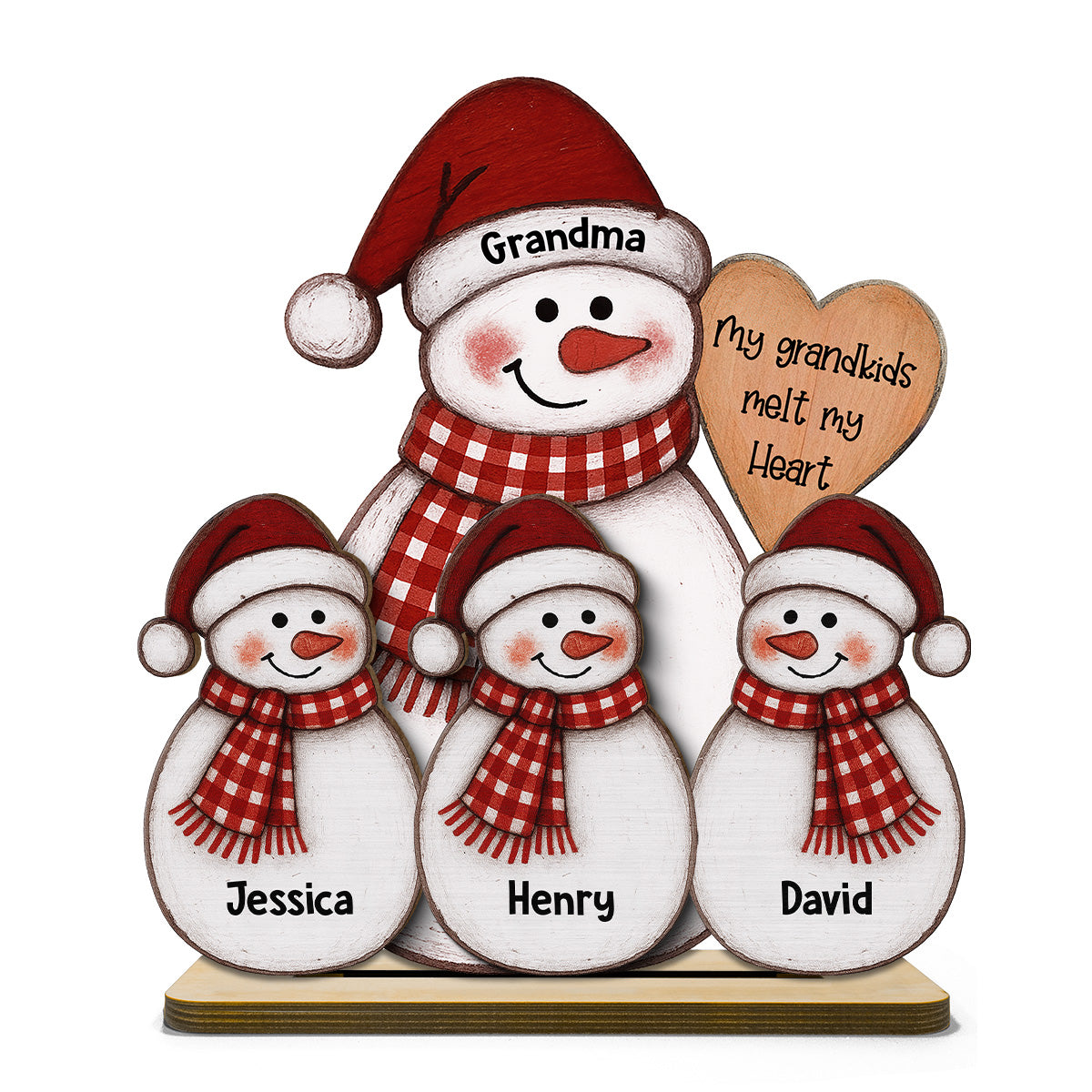 Folk Art Cute Snowman Grandma & Grandkid - Personalized 2-Layer Wooden Plaque - Christmas Decor