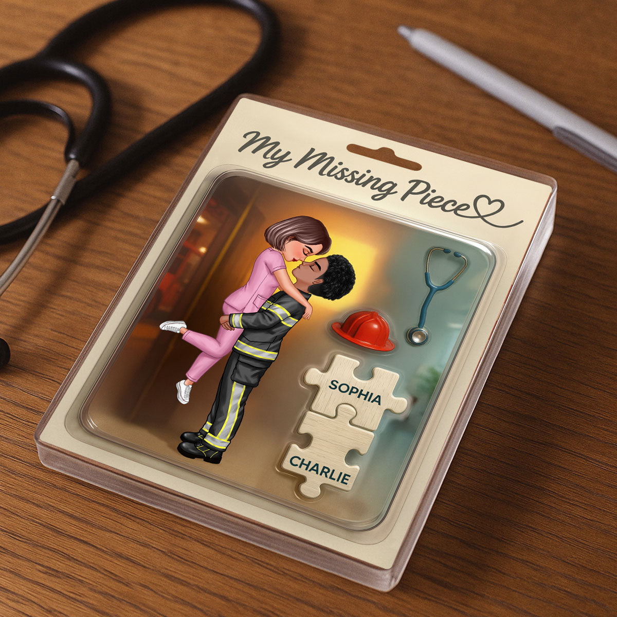 My Missing Piece Firefighter Nurse Doll Couple Personalized Acrylic Block Plaque, Gift for Him, Gift for Her