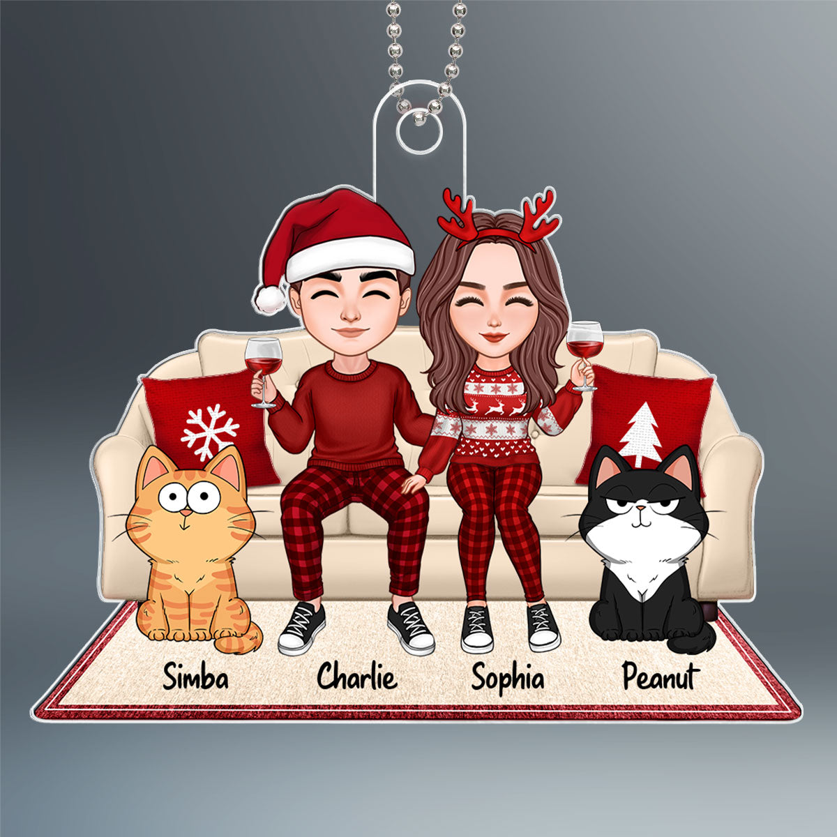 Cute Couple Sitting With Fluffy Funny Expression Cats On Christmas Sofa Personalized Acrylic Ornament