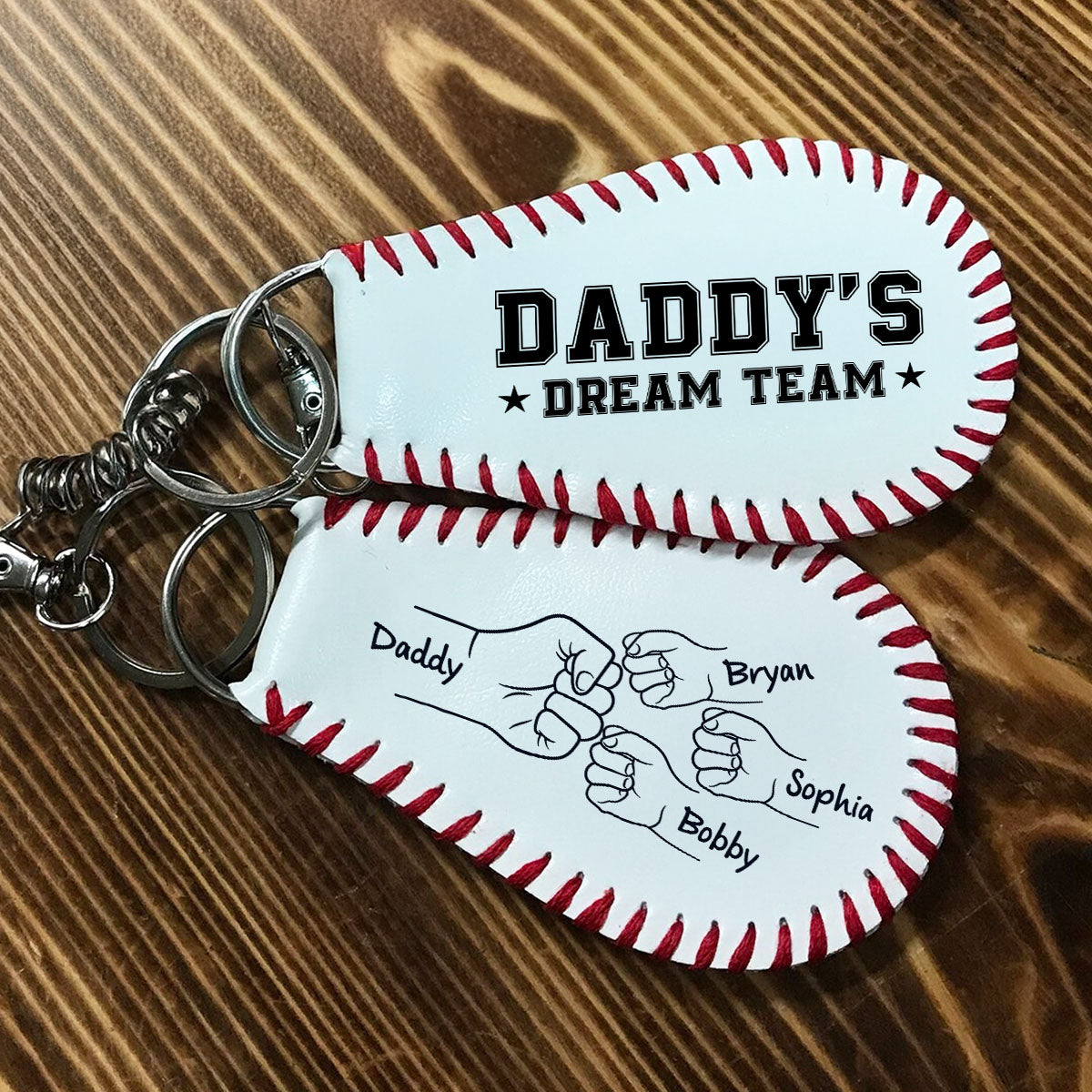 Baseball Family Team Daddy's Team Fist Bumps Personalized Baseball Leather Keychain