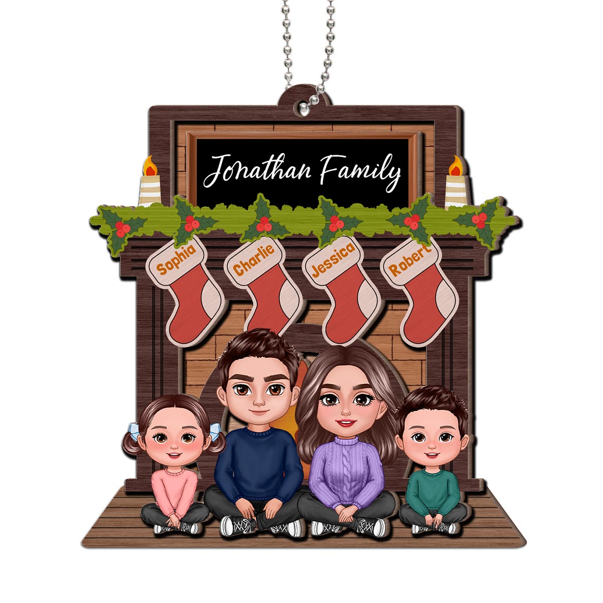 Whole Family Sitting At Christmas Fireplace Personalized 2-Layer Wooden Ornament