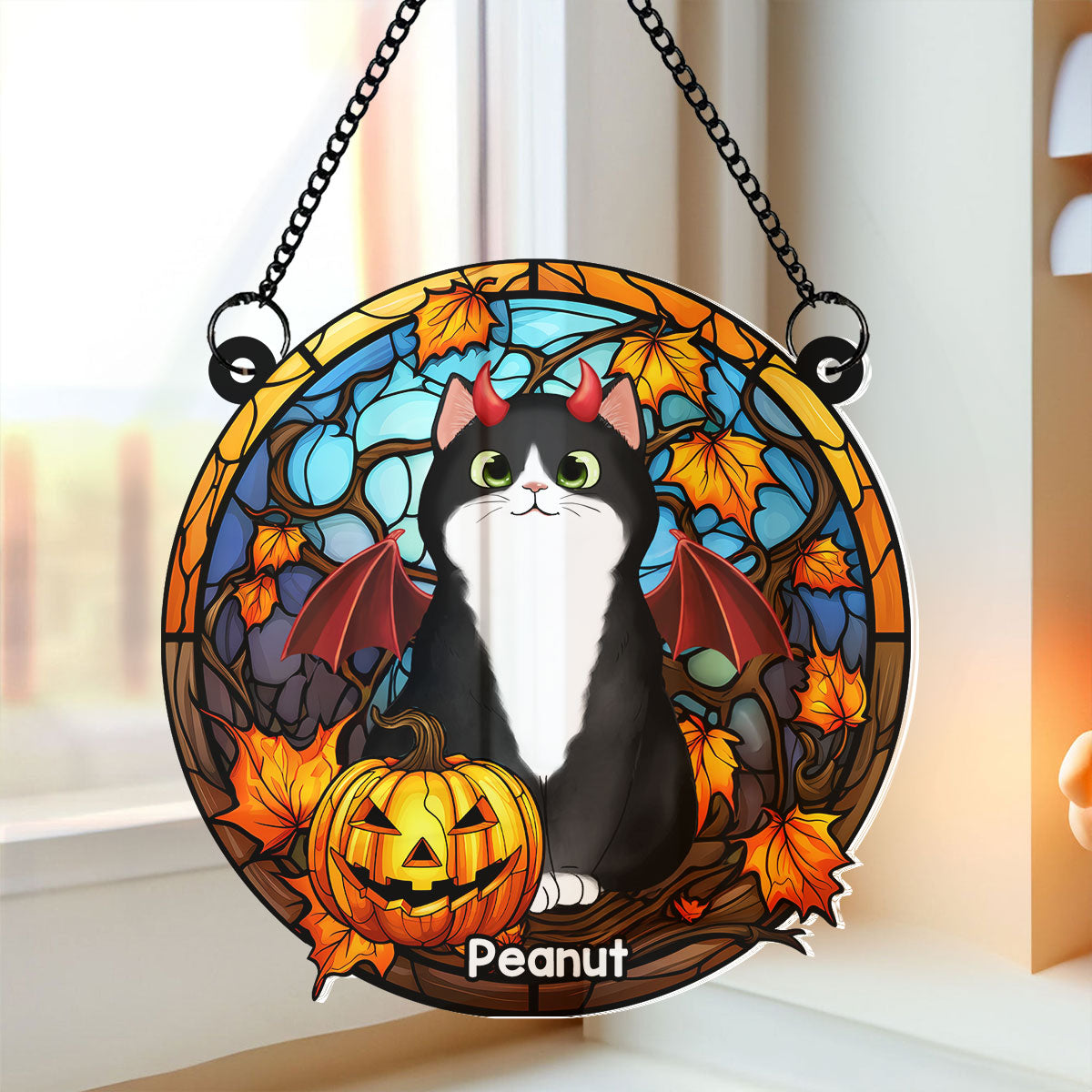 Cat Halloween Personalized Suncatcher, Window Hanger, Halloween Decor