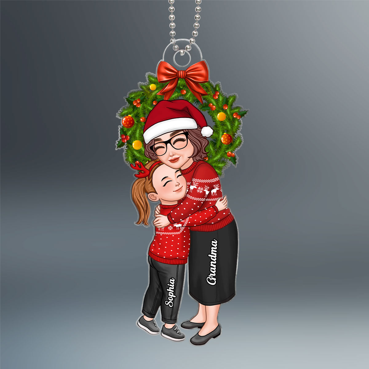 Grandma & Grandkid Hugging Under Christmas Wreath Gift For Granddaughter Grandson Personalized Acrylic Ornament
