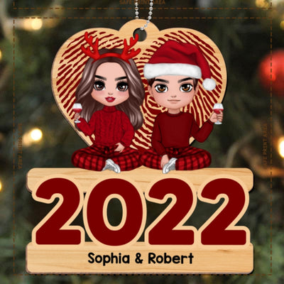 Doll Couple Sitting On Year Personalized Wooden Ornament