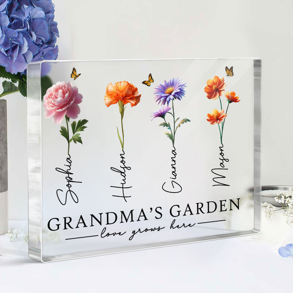 Grandma's Garden 3D Effect Birth Month Flowers Personalized Rectangle Acrylic Block Plaque