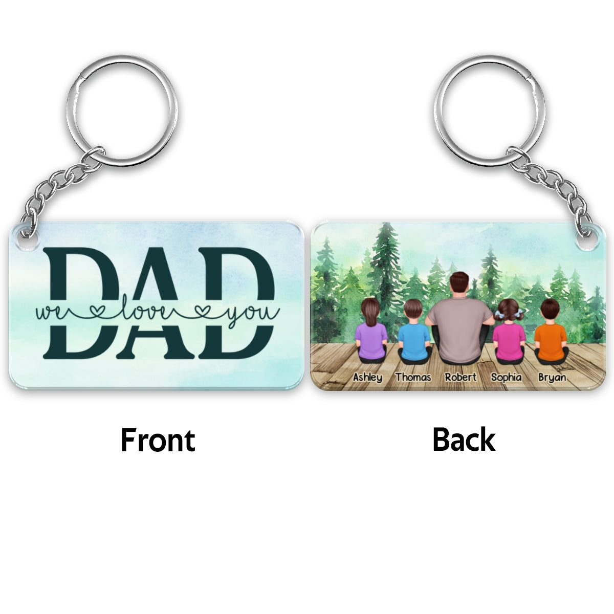 Dad And Kids Back View Sitting Forest Personalized Acrylic Keychain