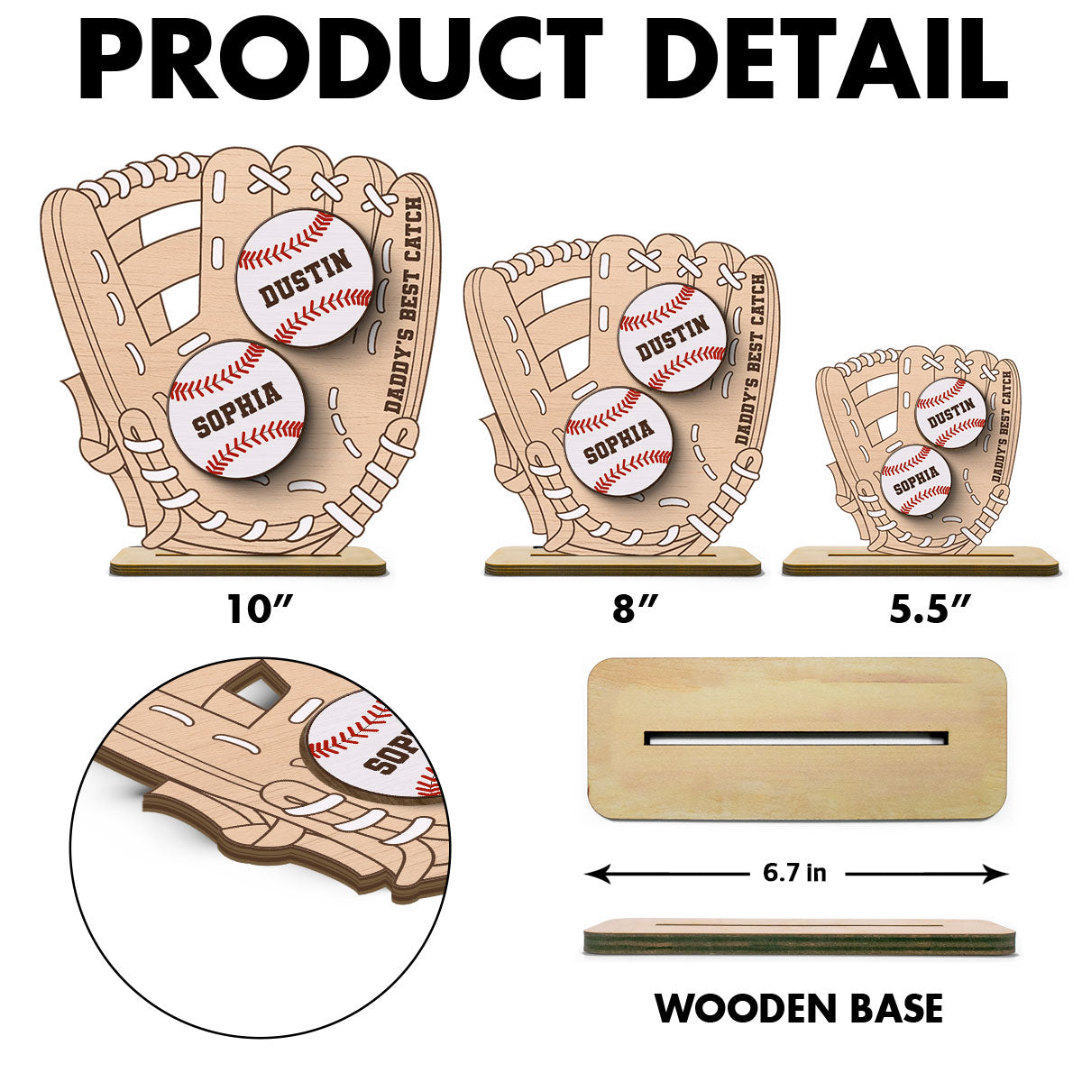 Daddy‘s Best Catch Kids Names In Baseball Glove Personalized 2-Layer Standing Wooden Plaque