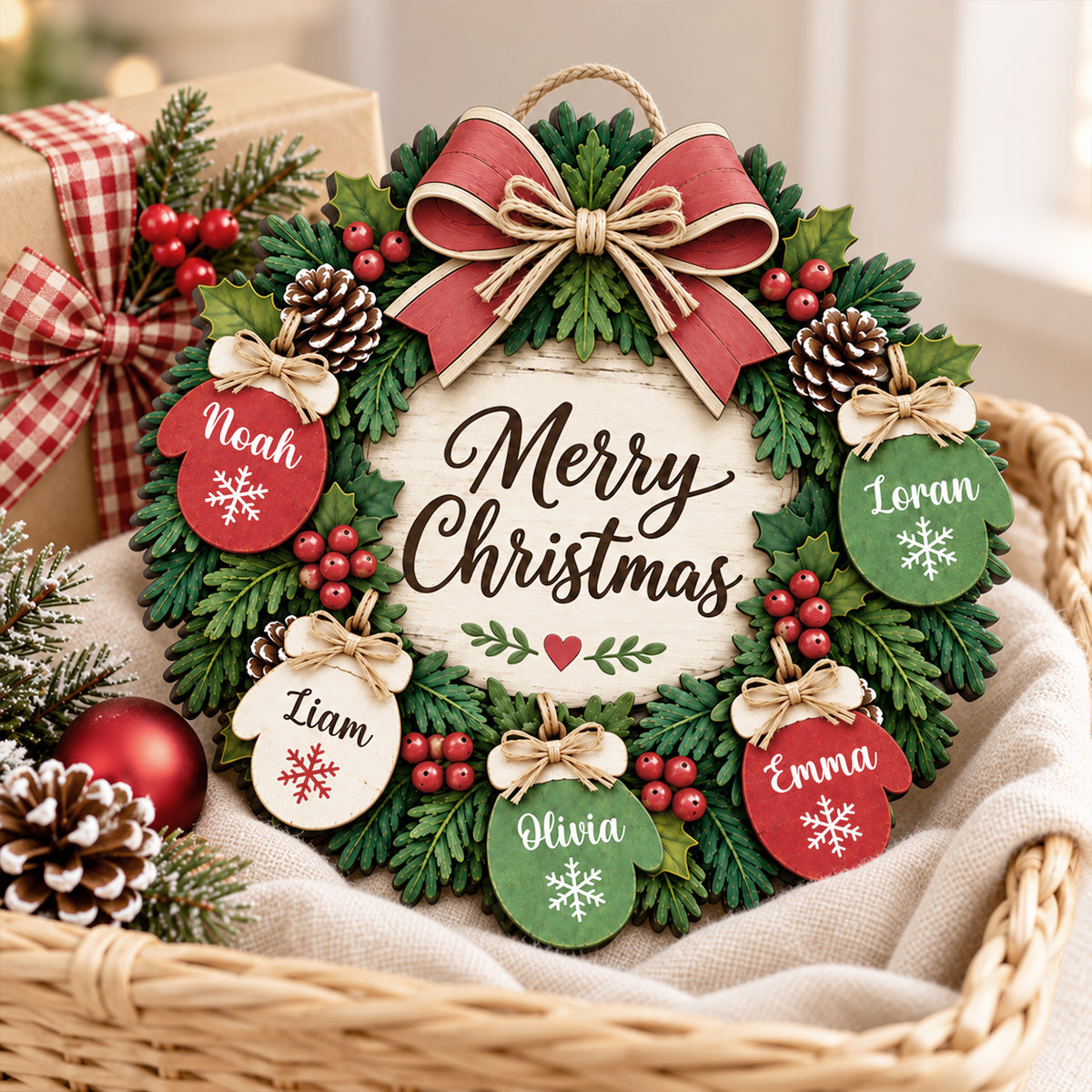 Home For The Holidays Mittens On Wreath 2D Flat Printed - Personalized Wood Sign - Christmas Decor For Family, Grandparents