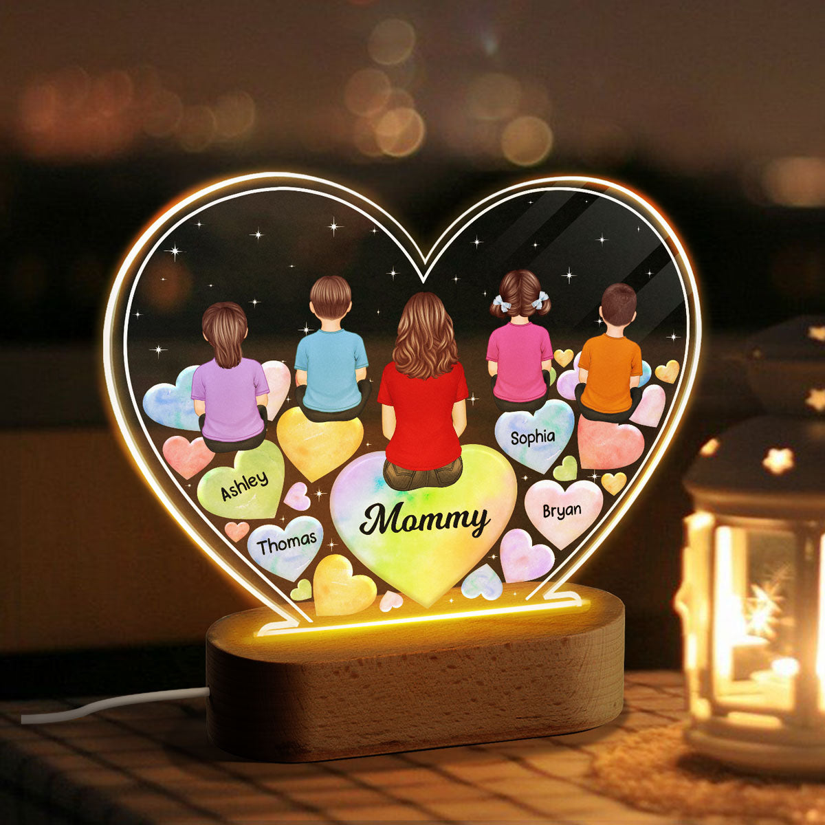 Grandma Mom And Kids Sitting Back View Hearts In Heart Personalized Acrylic Heart LED Night Light