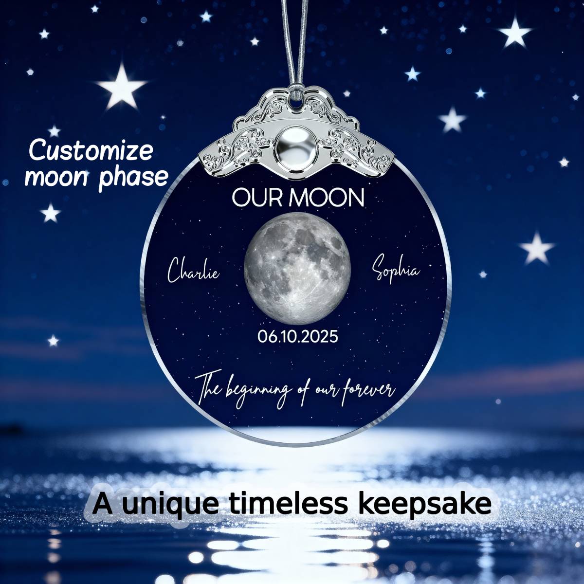 Custom Moon Phase Couple Anniversary Date The Beginning Of Our Forever - Personalized Glass Ornament With Silver Cap