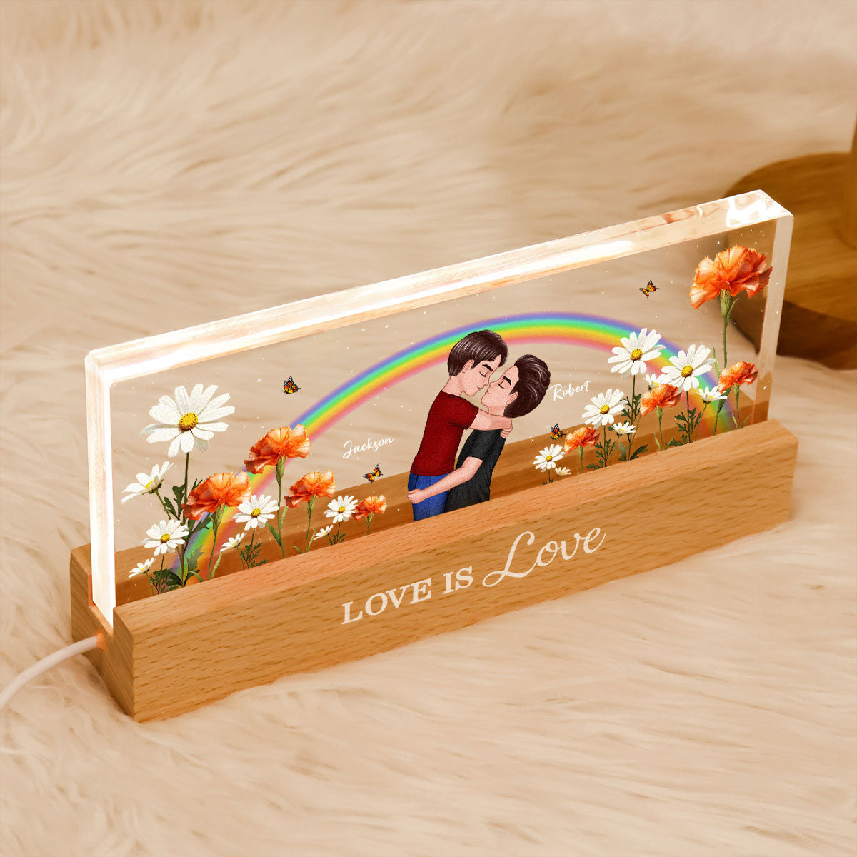 LGBTQ Couple Hugging Kising Birth Month Flower Personalized Acrylic Block LED Night Light