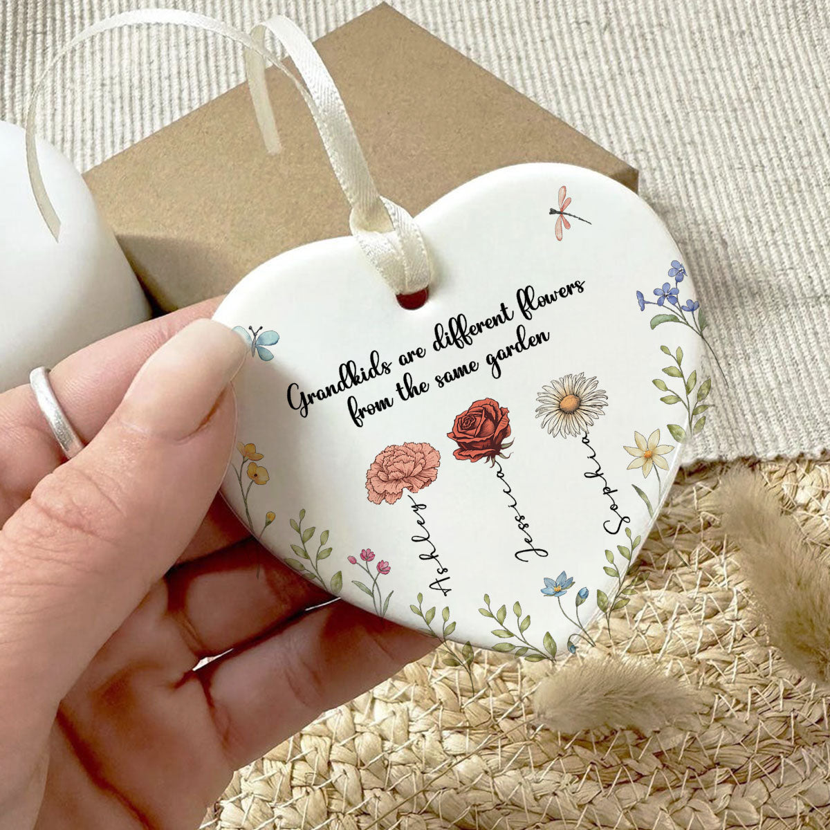 Grandkids Are Different Flowers from the Same Garden Personalized Heart Ornament, Gift for Grandma