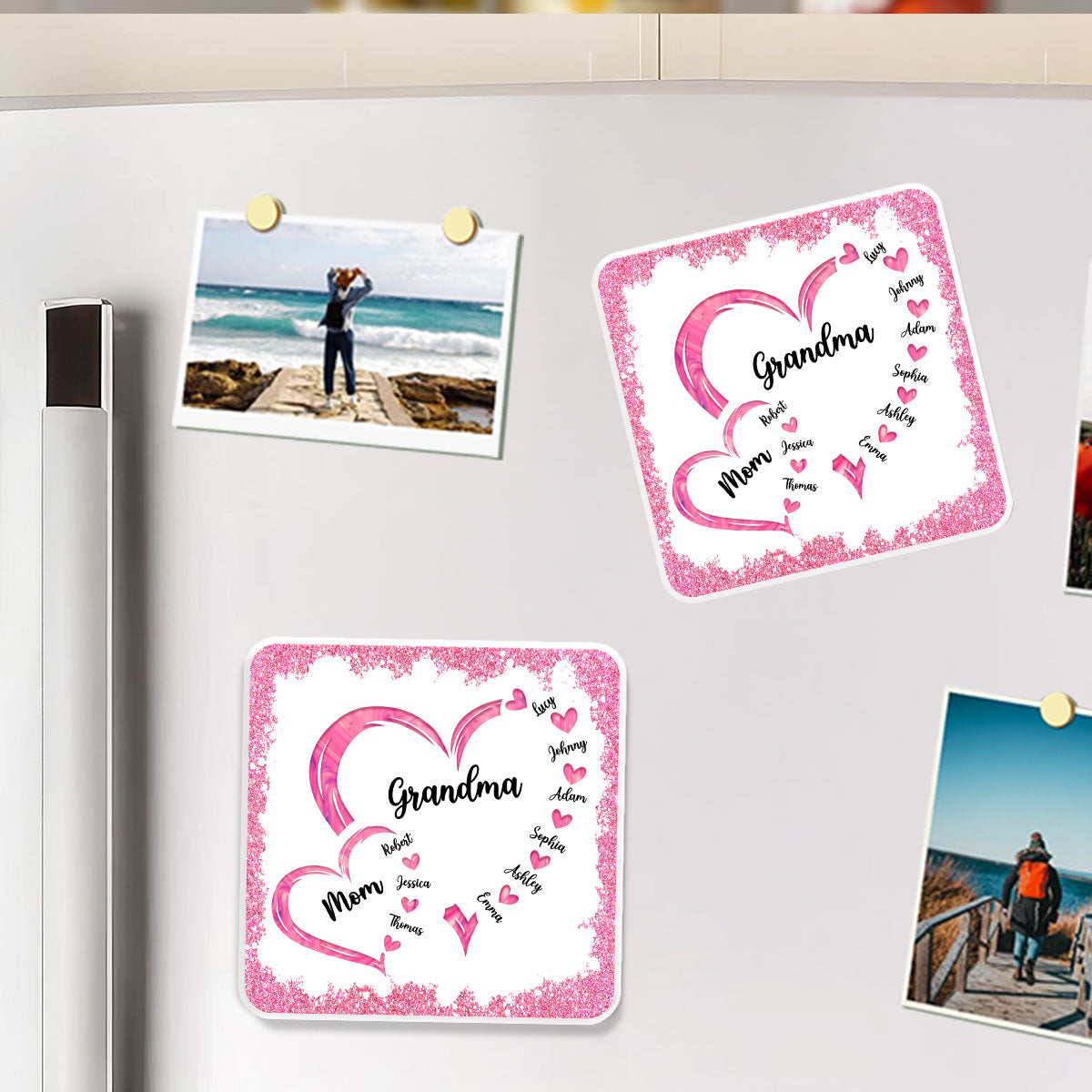 Mom Grandma Hearts In Heart Glitter Effect Personalized Acrylic Fridge Magnet