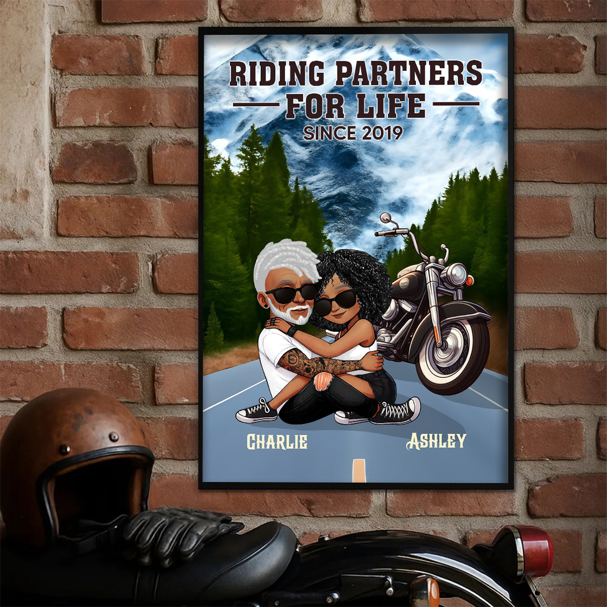 African American Biker Couple Riding Partners for Life Personalized Poster, Gift for him, Gift for her