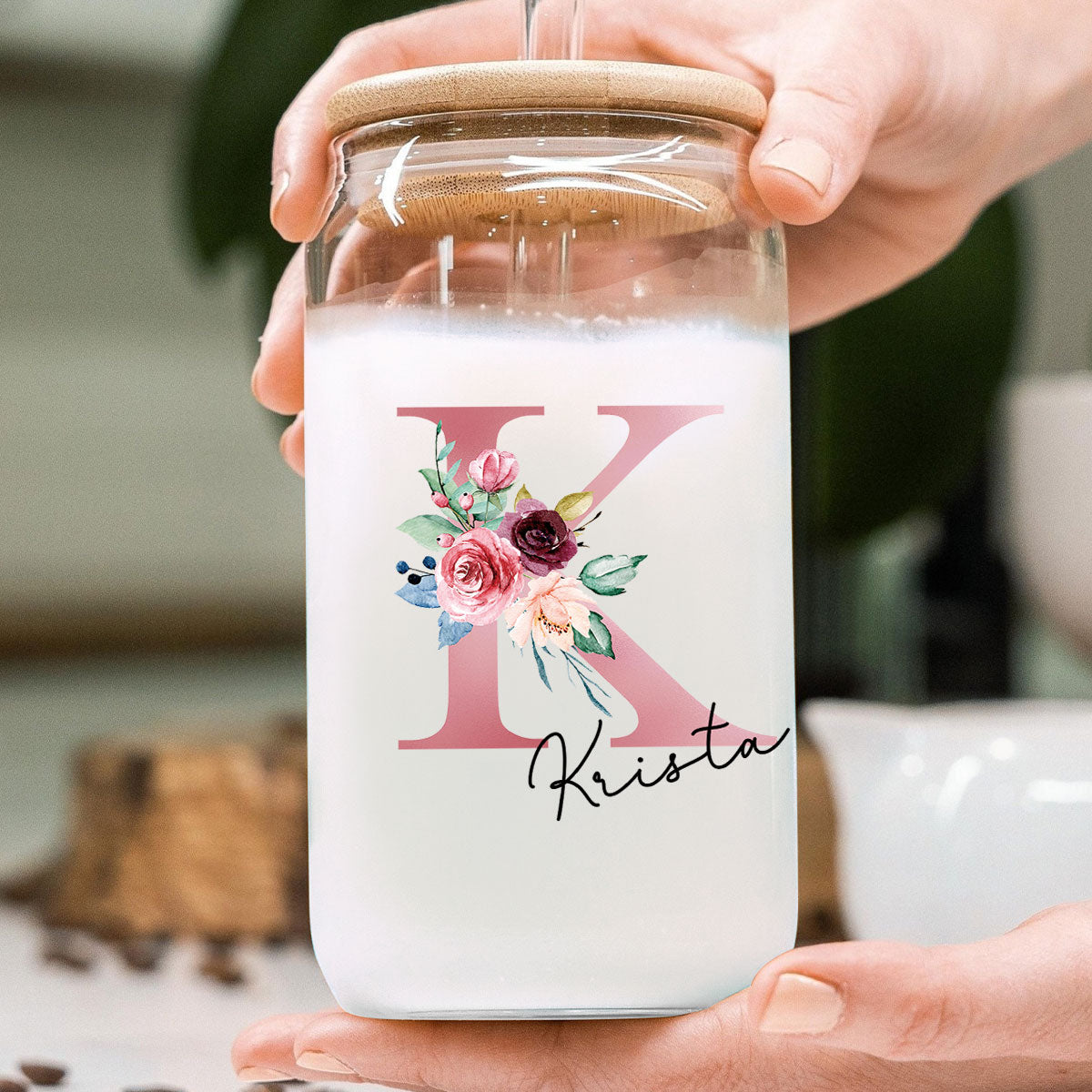 Beautiful Floral Initial Name Mother‘s Day Birthday Gift For Grandma Mom Women Personalized Clear Glass Can
