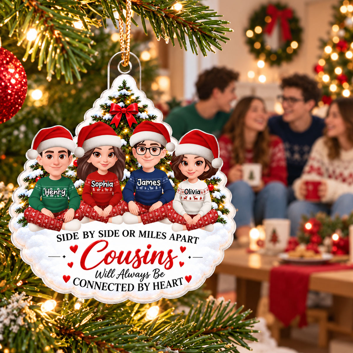 Cousins Family Sisters Connected By Heart - Personalized Acrylic Ornament - Christmas Gift For Cousins, Girls, Family