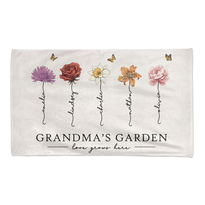 Grandma‘s Garden Love Grows Here Beautiful Birth Month Flower Gift For Grandma Mom Personalized Beach Towel