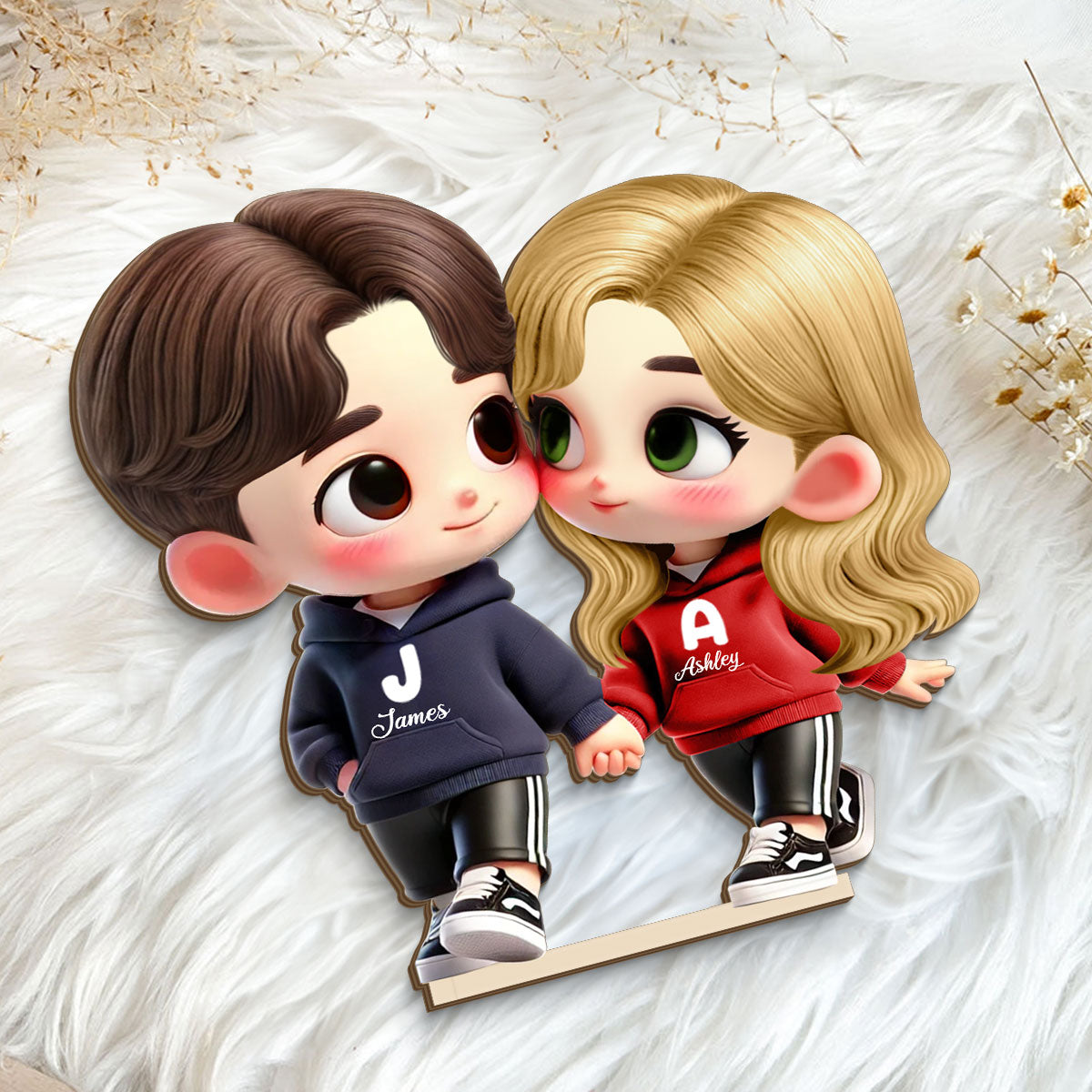 3D Effect Cute Cartoon Couple Holding Hands Personalized Standing Wooden Plaque, Anniversary &  Gift for him, Gift for her