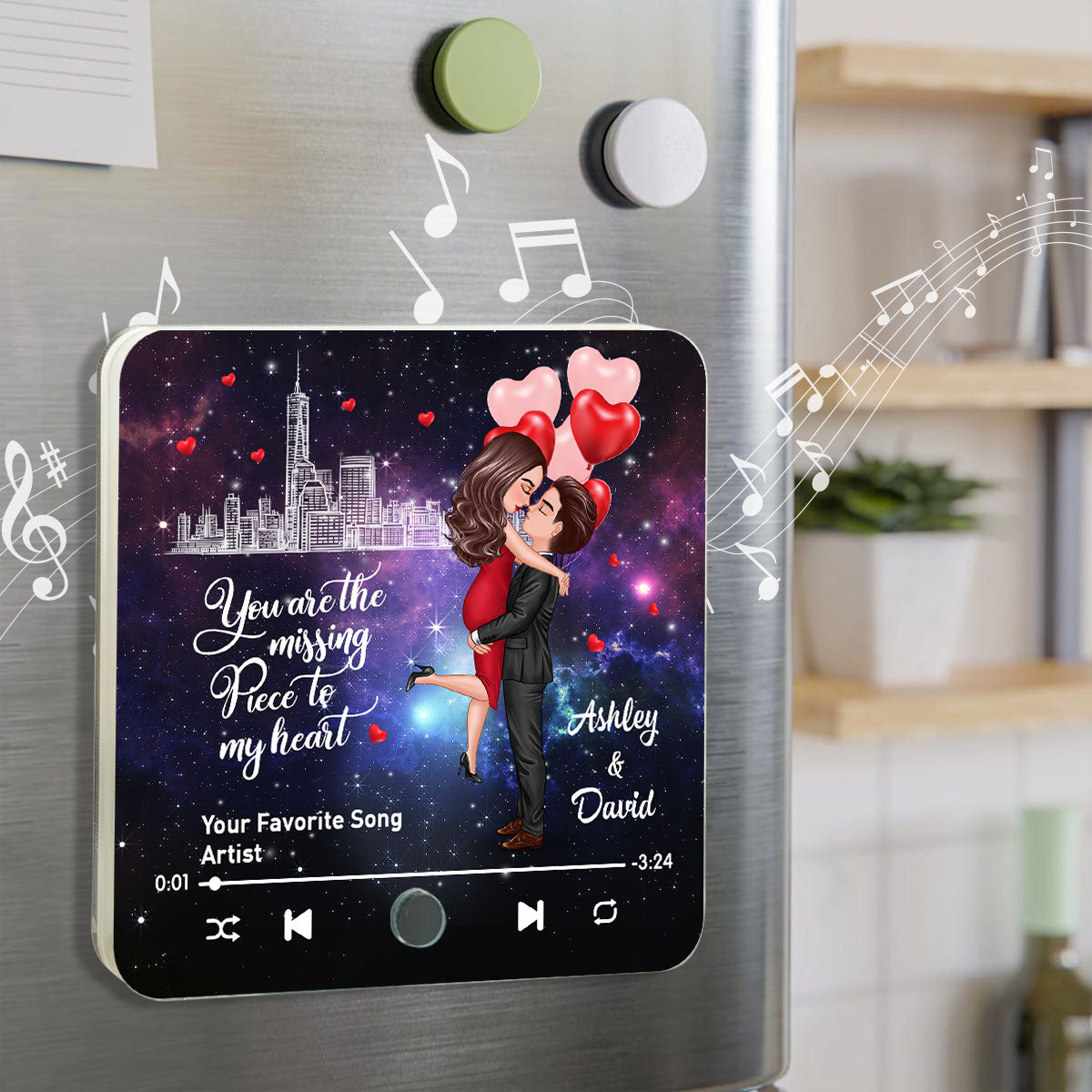 The Missing Piece To My Heart Couple Kissing Favorite Song Personalized Music Fridge Magnet,  Gift For Couple