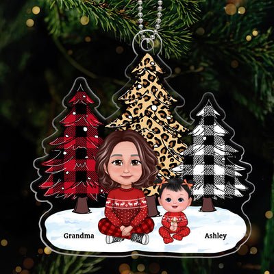 Leopard Checkered Pattern Christmas Tree Grandma Grandkids - Personalized Acrylic Ornament