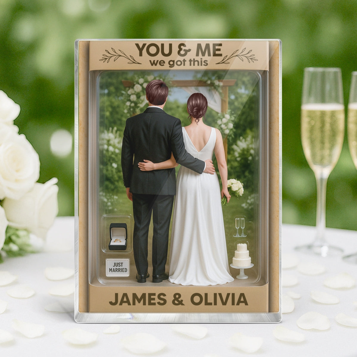 Bride & Groom Couple Realistic Figures Style Garden Wedding Theme Personalized Acrylic Block Plaque, Wedding Gift, Newlyweds Gift