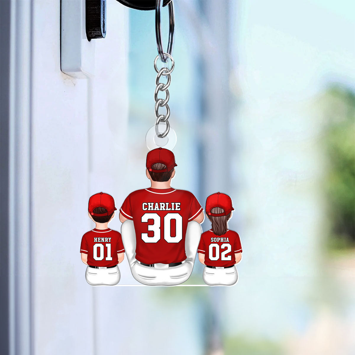 Baseball Family Sitting Personalized Acrylic Keychain, Father's Day Gift For Dad, Grandpa, Husband