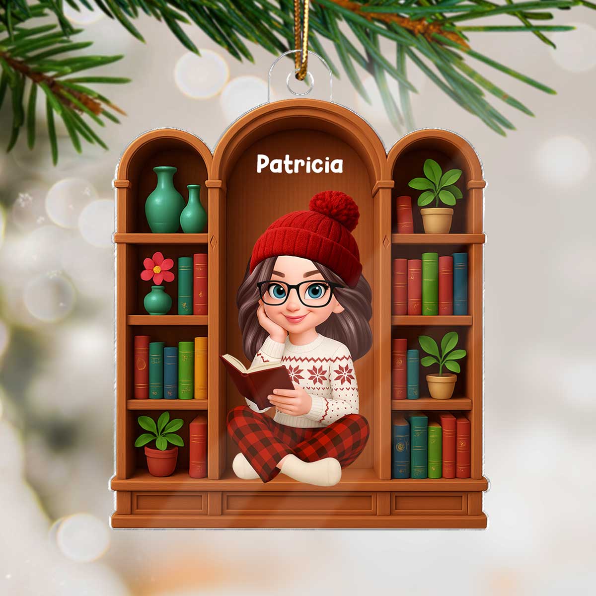 Christmas Cozy Vibe Pretty Girl Reading Book In Arched Bookshelf - Personalized Acrylic Ornament