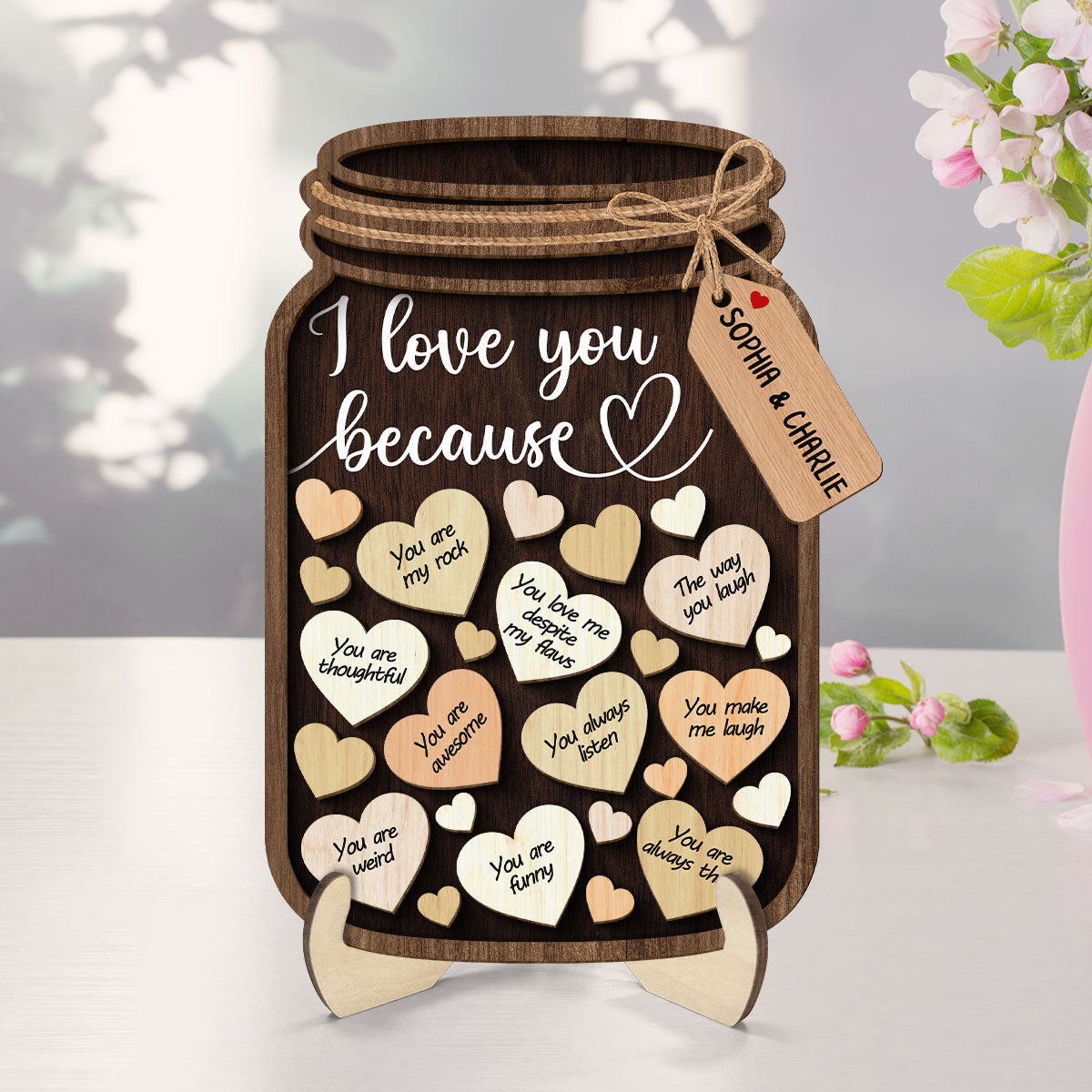 Couple I Love You Because Hearts In Mason Jar Personalized 2-Layer Wooden Plaque