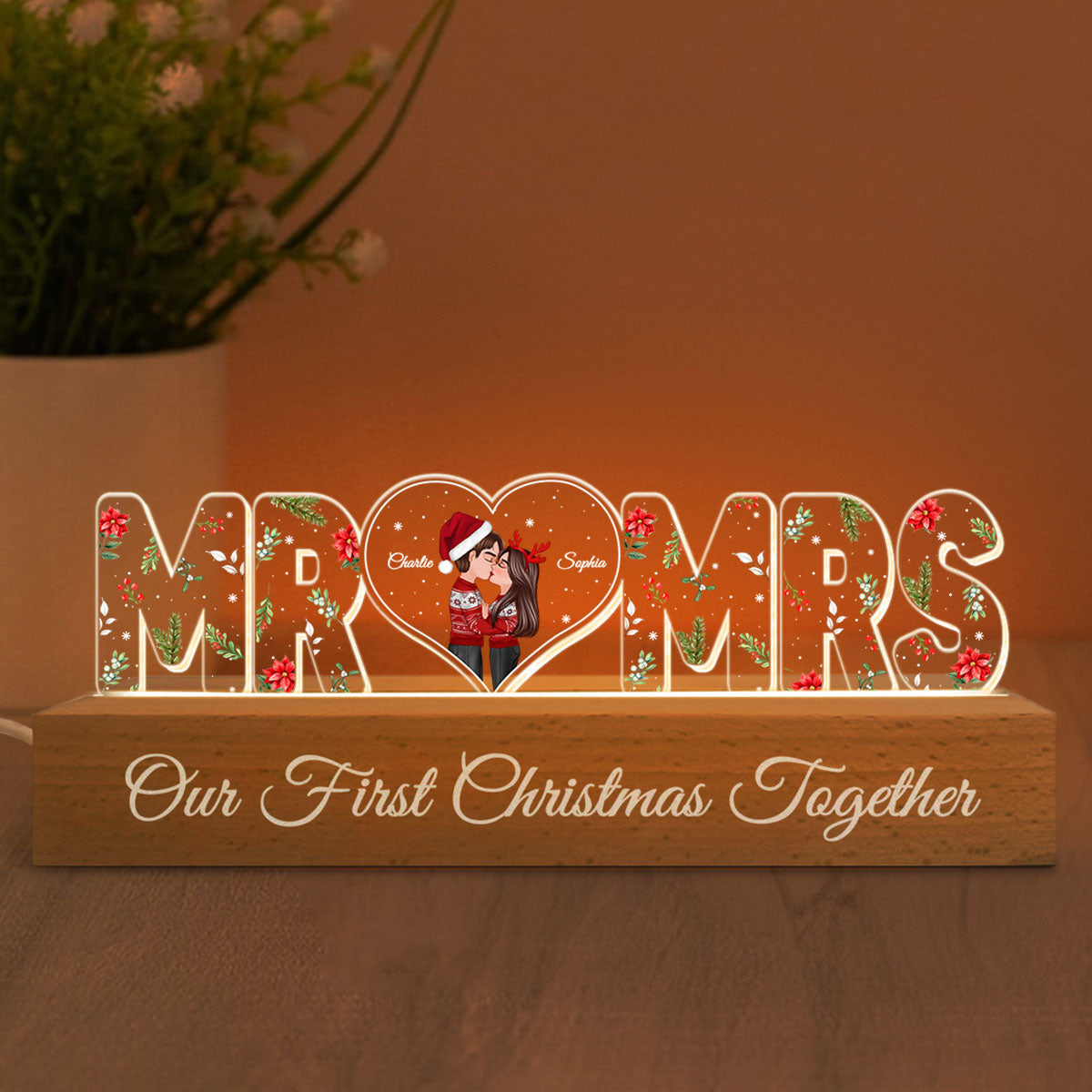 Mr and Mrs Couple Kissing Under Mistletoe Personalized LED Night Light, Christmas Gift for Newlywed, Anniversary Gift For Couple