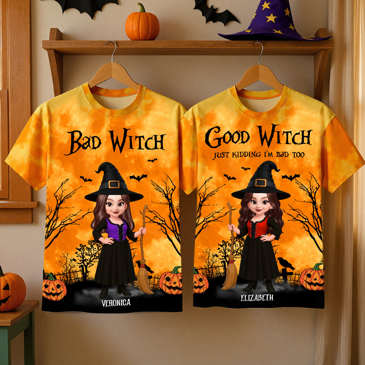 Halloween Witch Besties Good Witch Bad Witch Matching Personalized 3D Shirt