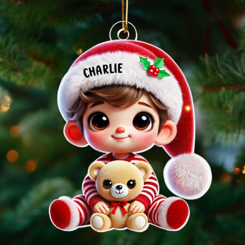 Kid Boy Girl Holding A Teddy Bear Personalized Acrylic Ornament, Christmas Gift for Children, Grandchildren