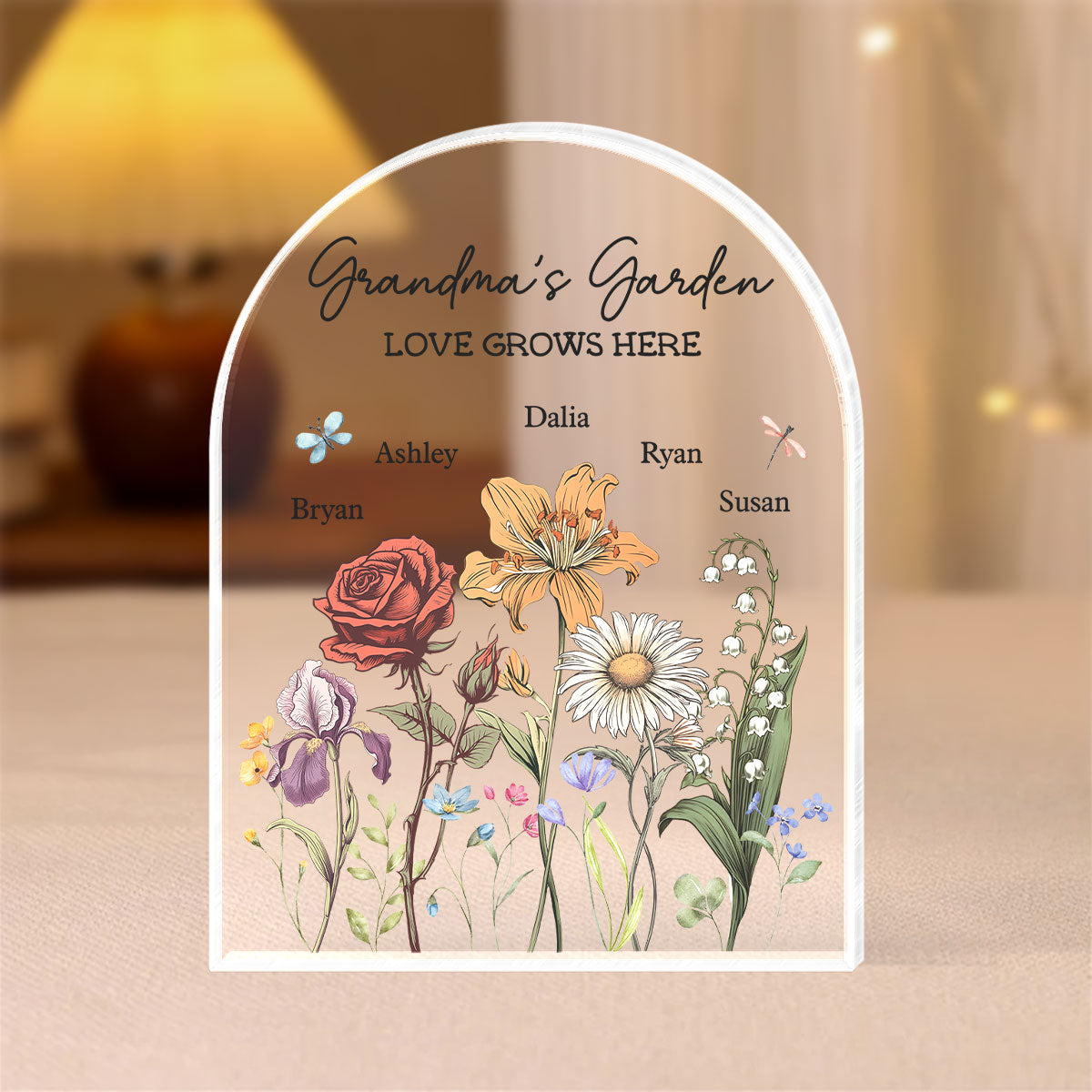 Grandma's Garden Vintage Birth Month Flowers Dome Shaped Personalized Acrylic Block Plaque, Gift For Mom, Gift For Grandma