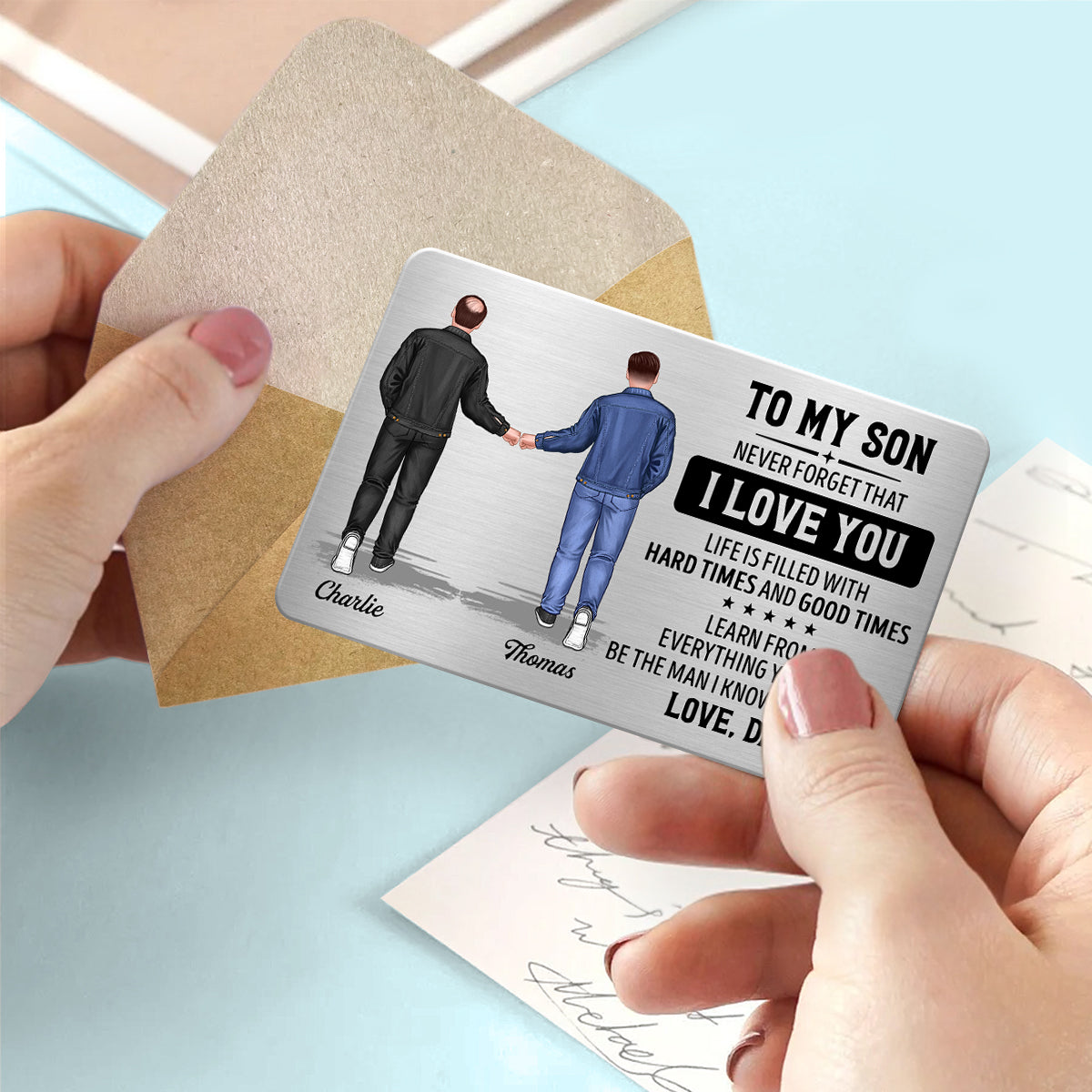 To My Son From Dad Punch Hands Personalized Metal Wallet Card