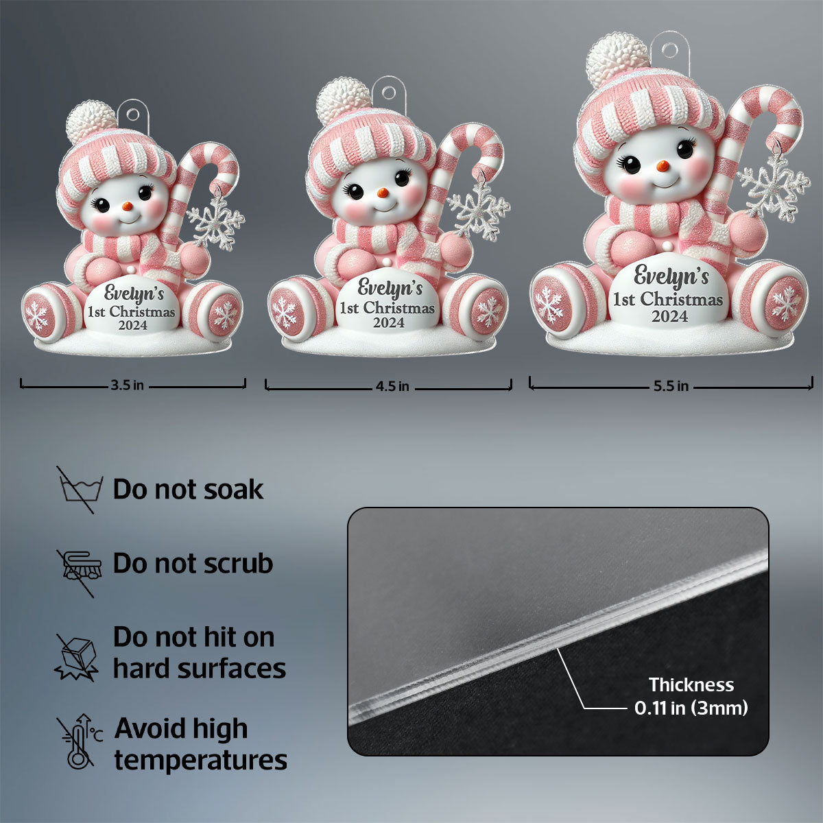 Cute Snowbaby Sitting On Snow 3D Effect Baby's First Christmas Personalized Acrylic Flat Ornament