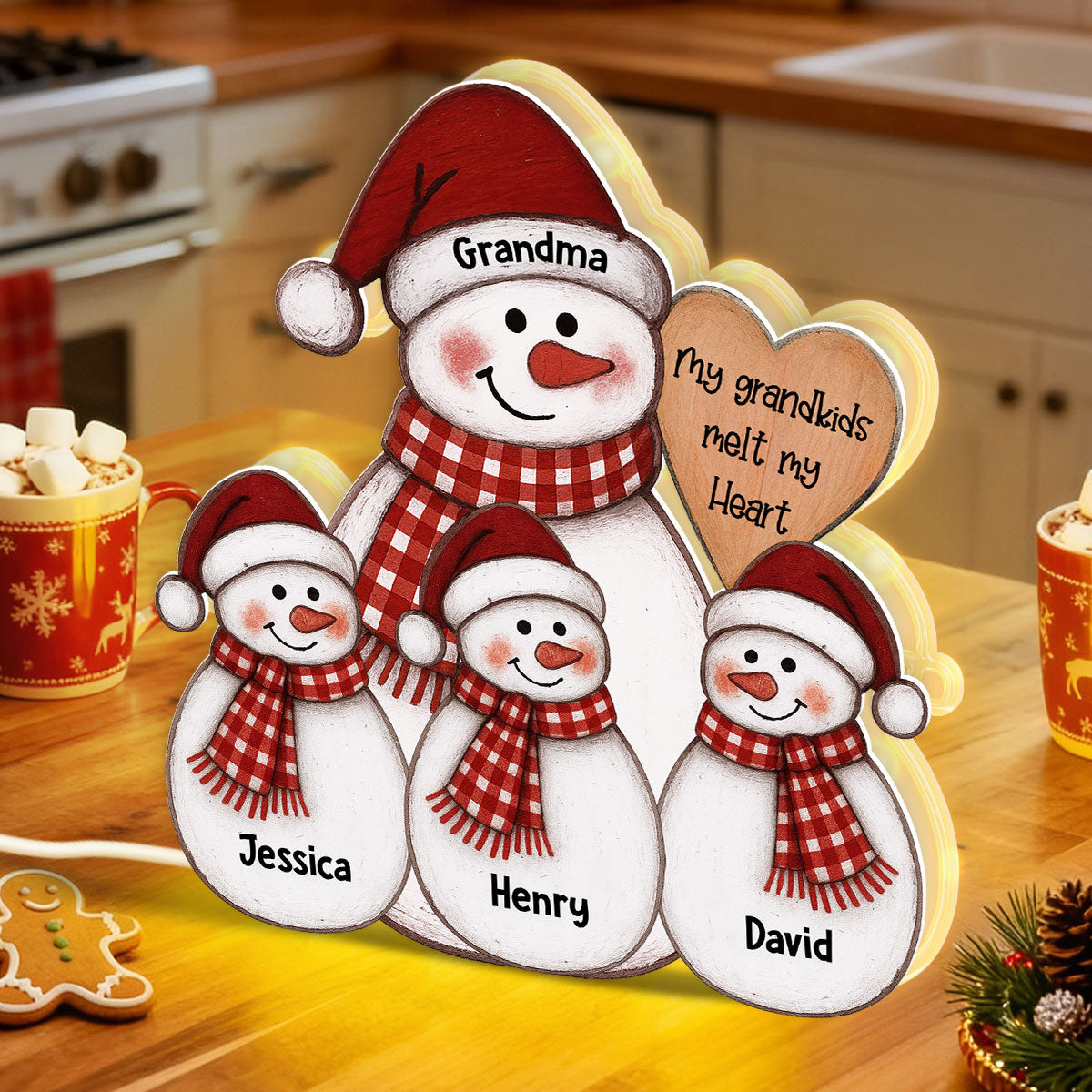 Folk Art Cute Snowman Grandma & Grandkid - Personalized Light Box - Christmas Decor For Grandma