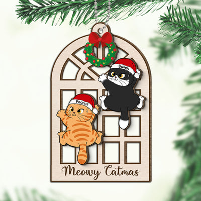 Meowy Catmas Cats Climb Window Personalized 2-Layer Wooden Ornament