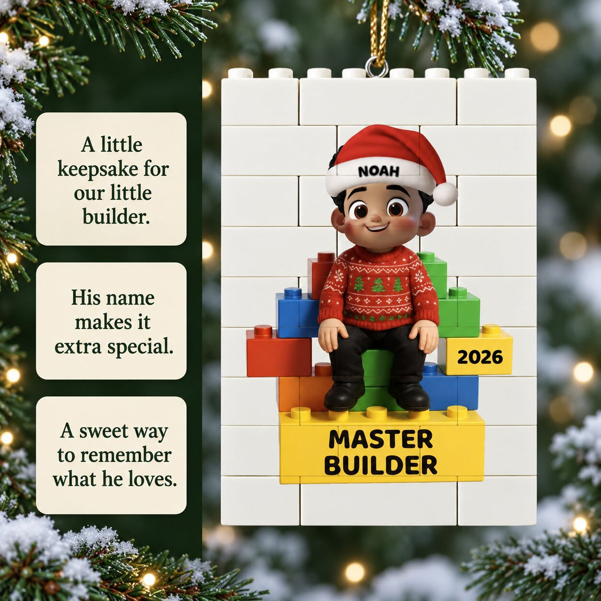 Little Kid Master Builder - Personalized Building Blocks Ornament - Christmas Gift For Kids, Son, Grandson, Daughter, Granddaughter