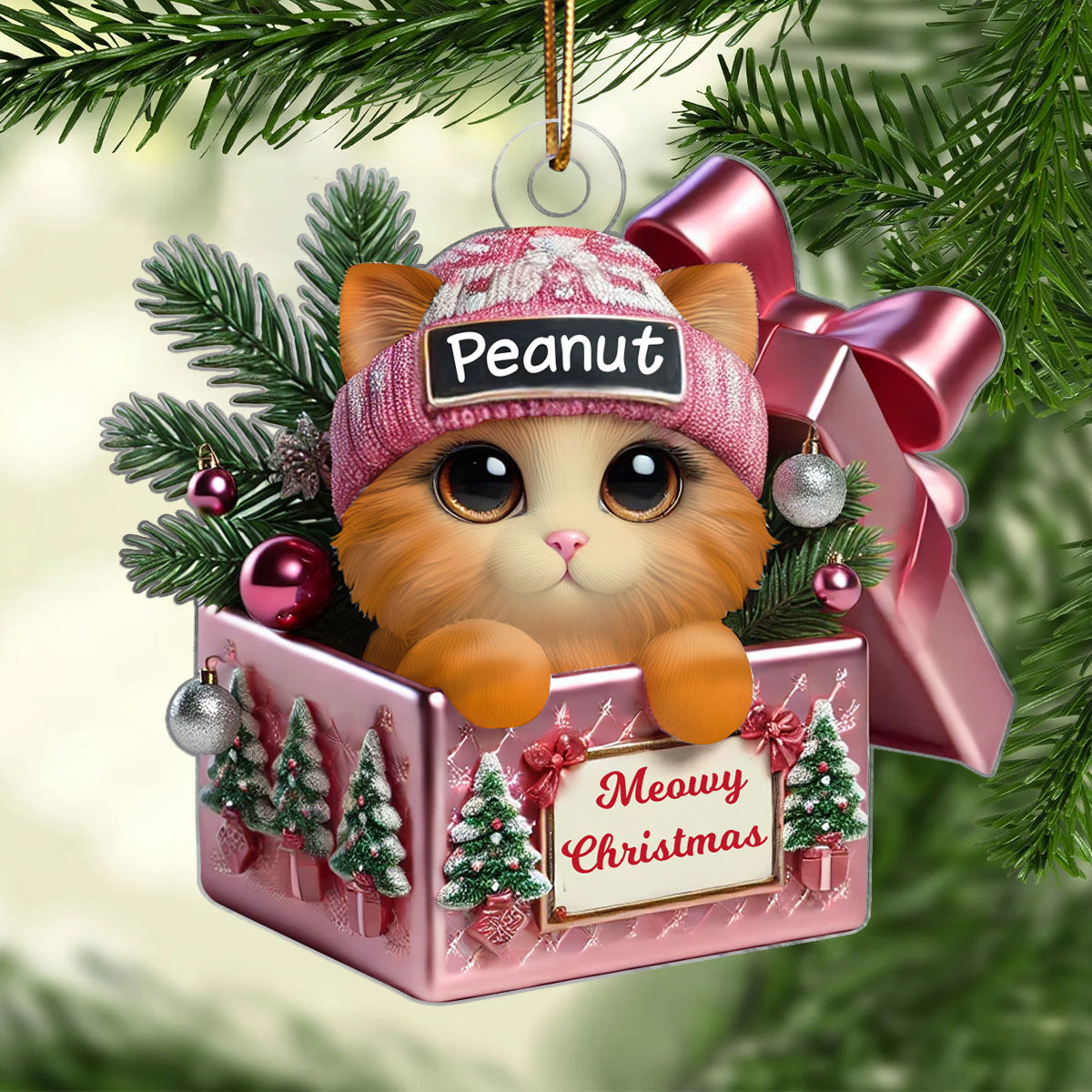 Cute Cat Inside Gift Box Personalized 2D Flat Acrylic Ornament, Christmas Gift for Cat Lovers