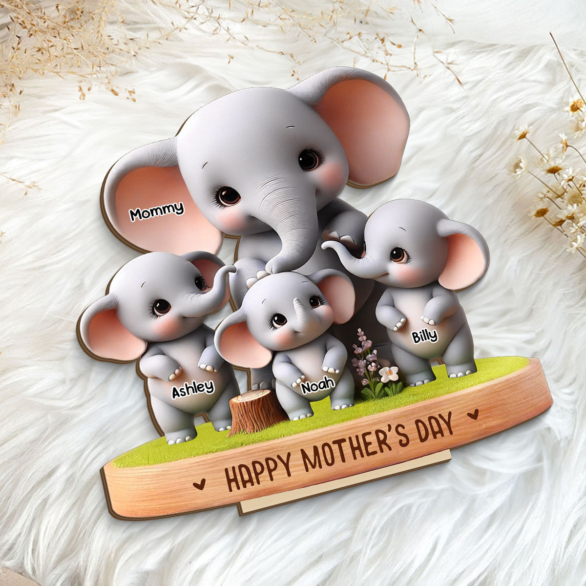 Cute Elephant Mama Grandma With Kids Custom Shaped Personalized Standing Wooden Plaque, Perfect 2025 Gift For Mom, For Grandma