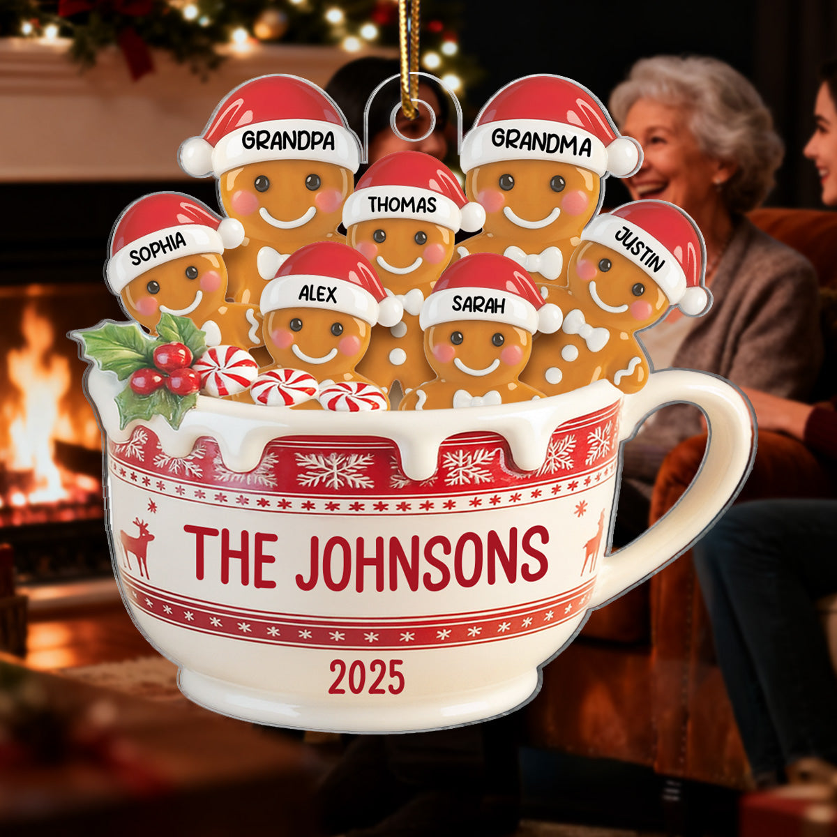3D Effect Gingerbread Family In Hot Cocoa - Personalized Acrylic Ornament