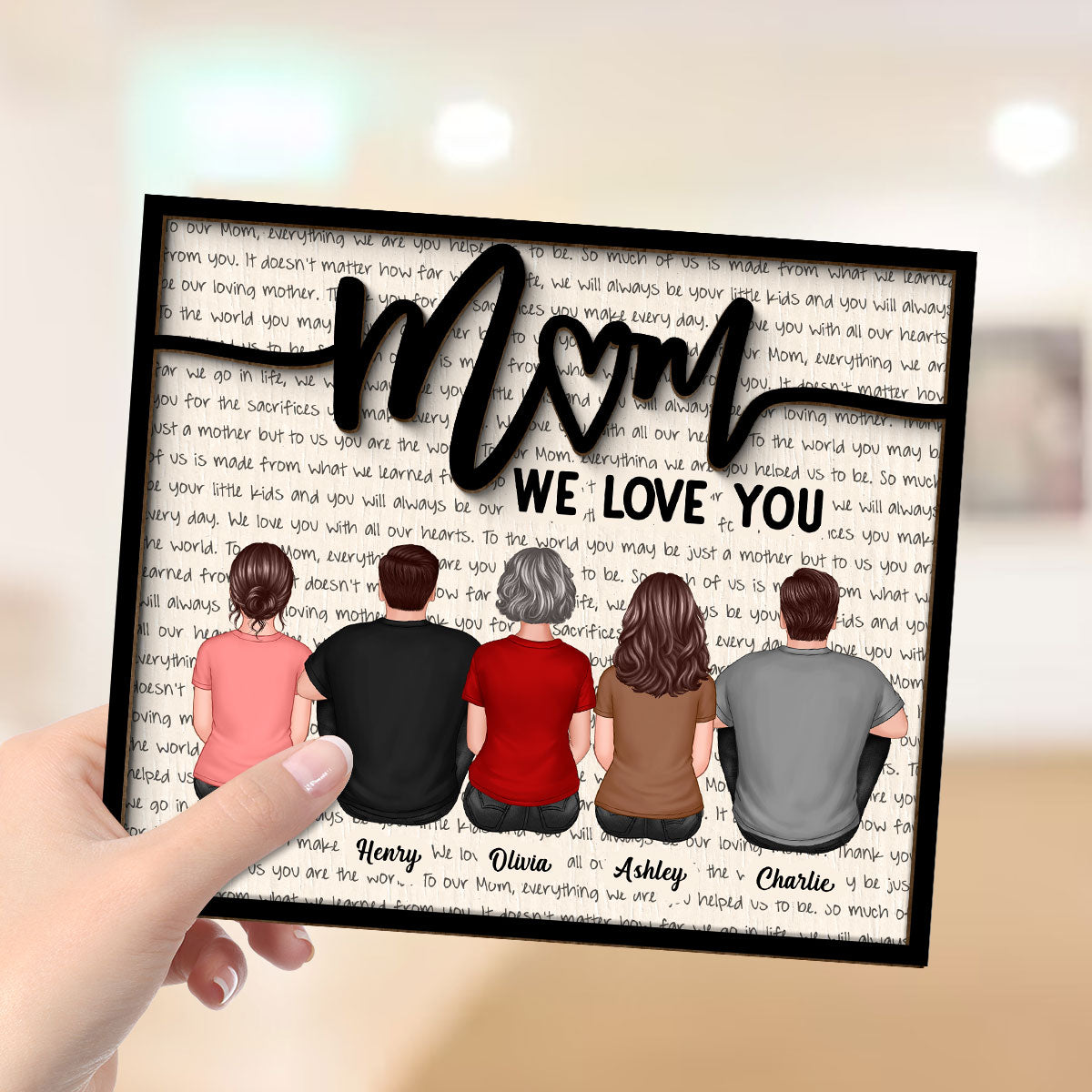 Back View Mom And Daughters Sons Sitting Letters Background Mother‘s Day Gift For Mom Personalized 2-Layer Wooden Plaque