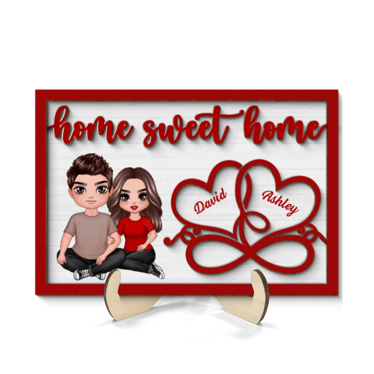 Couple Sitting Embracing Home Sweet Home Valentine‘s Day Gift For Him For Her Personalized 2-Layer Wooden Plaque