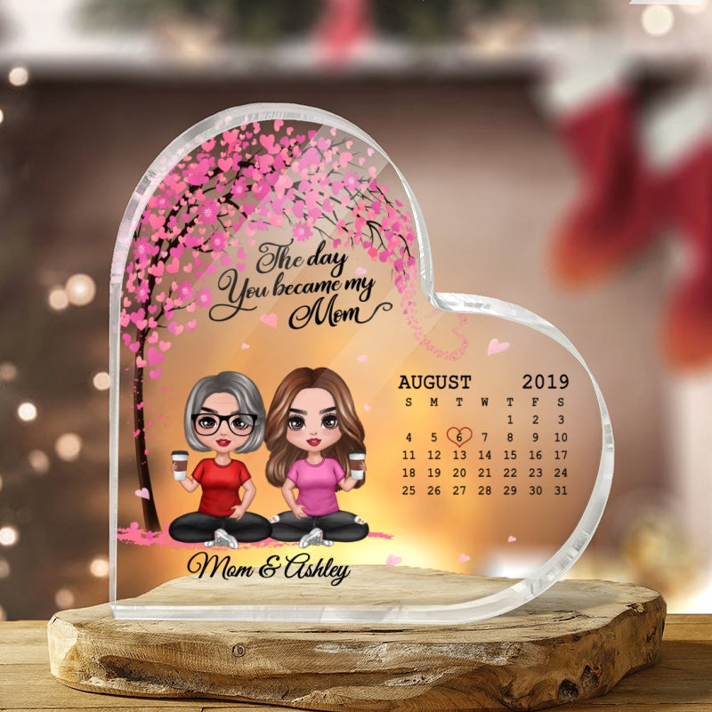 Doll Mother And Daughter Son Under Pink Heart Tree The Day You Became My Mom Calendar Date Personalized Heart Acrylic Plaque