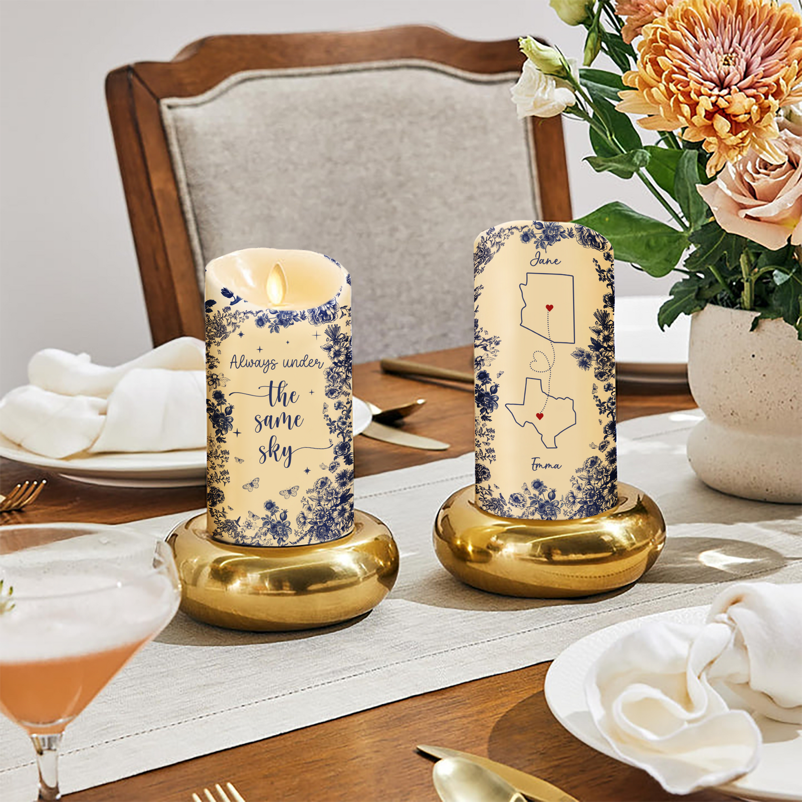 Chinoiserie Pattern Long Distance Besties Always Under The Same Sky Personalized LED Candle