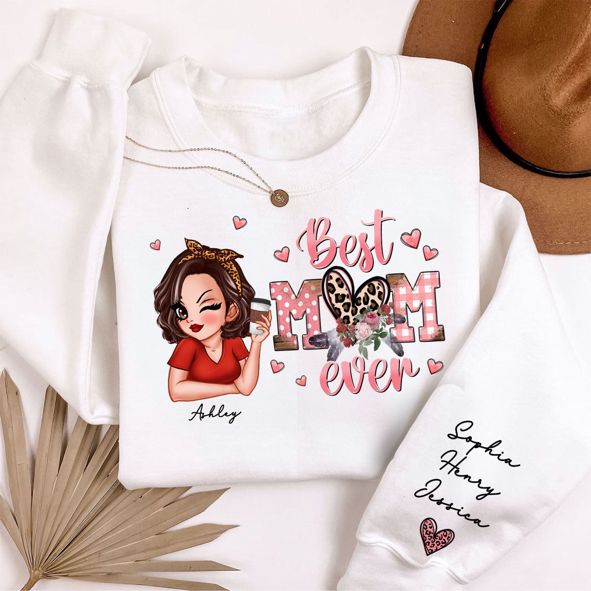 Best Mom Ever Pink Leopard Pretty Woman Personalized Sleeve Printed Sweatshirt